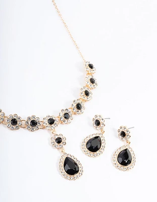 Black Diamante Flower Earring & Necklace Set