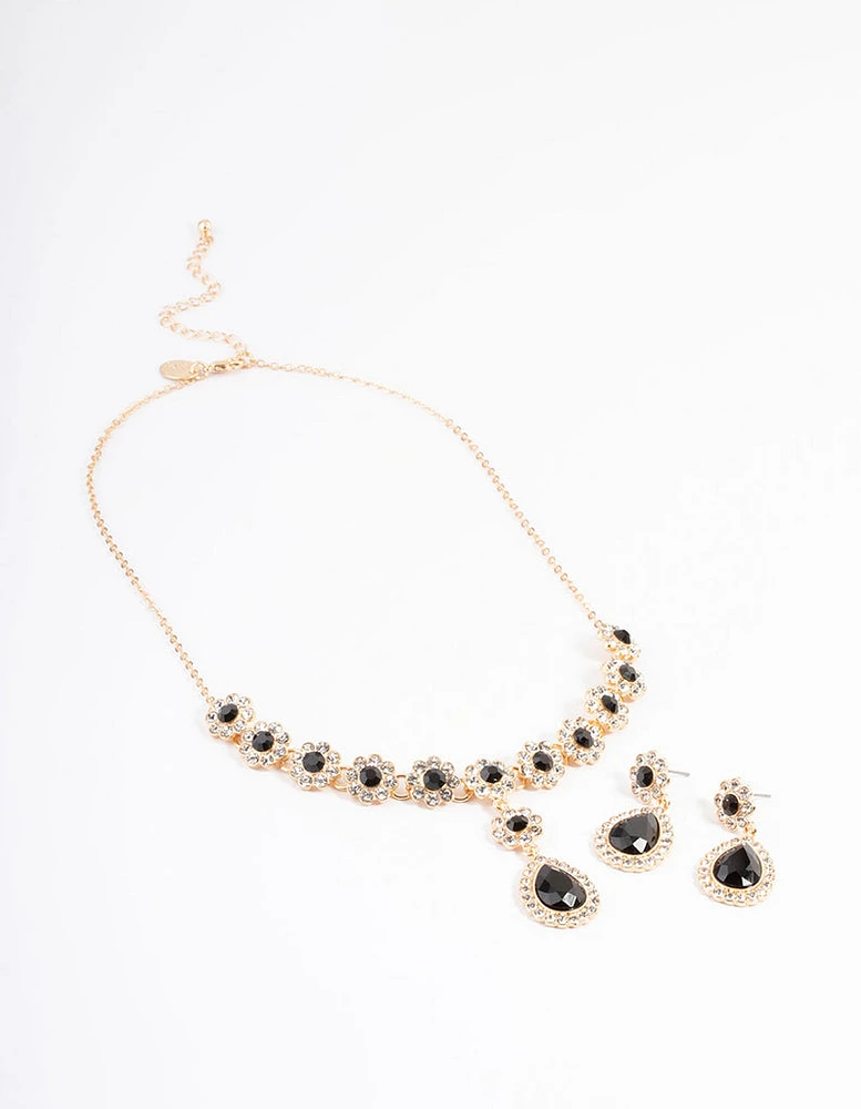 Black Diamante Flower Earring & Necklace Set