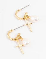 Gold Plated Cross & Freshwater Pearl Hoop Earrings