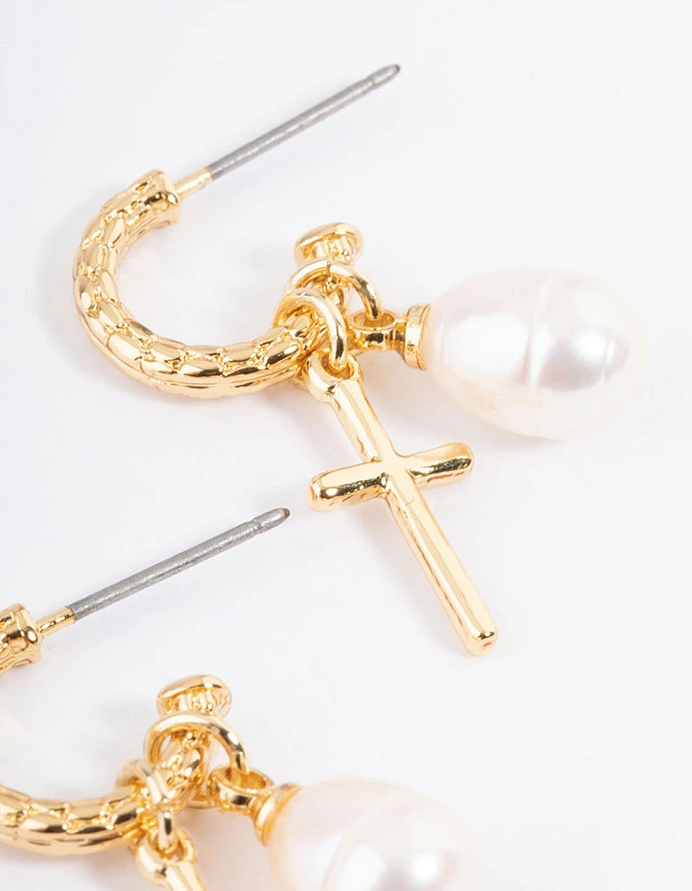 Gold Plated Cross & Freshwater Pearl Hoop Earrings