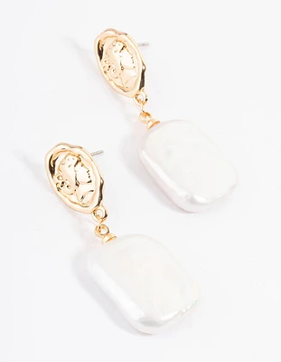 Gold Plated Oval Coin & Freshwater Pearl Drop Earrings