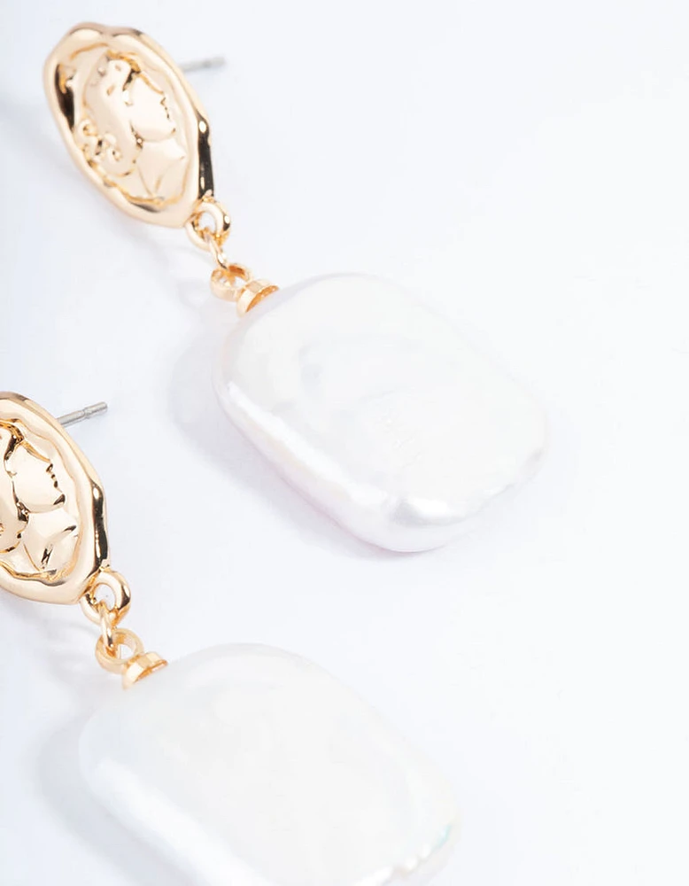 Gold Plated Oval Coin & Freshwater Pearl Drop Earrings