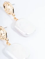 Gold Plated Oval Coin & Freshwater Pearl Drop Earrings