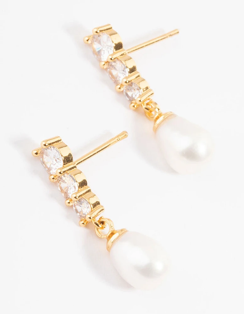 Gold Plated Cubic Zirconia Trio Freshwater Pearl Drop Earrings