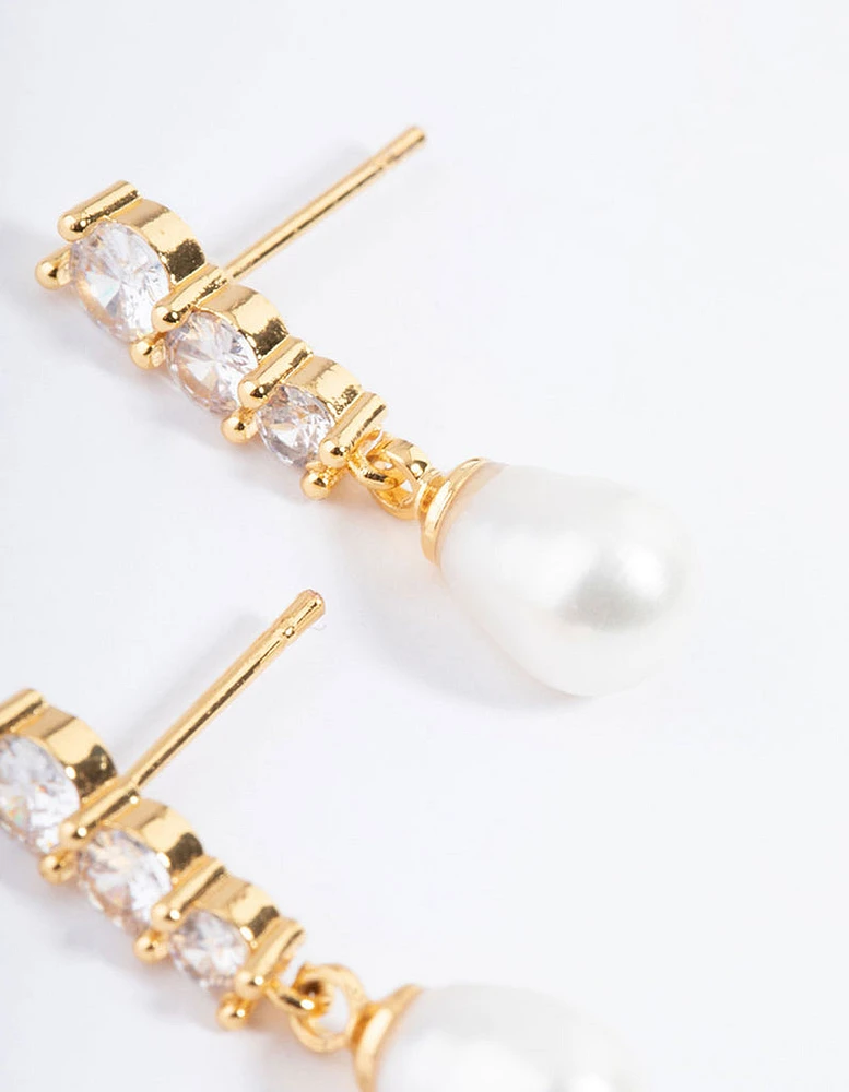 Gold Plated Cubic Zirconia Trio Freshwater Pearl Drop Earrings