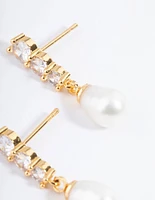 Gold Plated Cubic Zirconia Trio Freshwater Pearl Drop Earrings