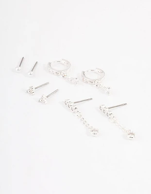 Silver Plated Cubic Zirconia Dainty Pearl Earrings 4-Pack