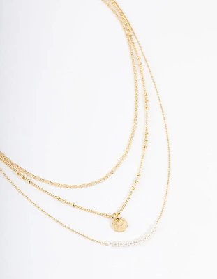 Gold Plated Fine Three Layer Bead Disc Necklace