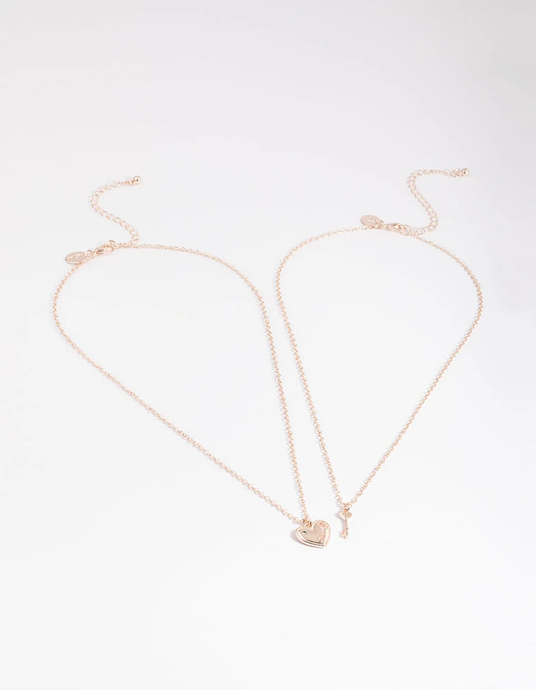 Rose Gold Heart & Key Necklace Pack