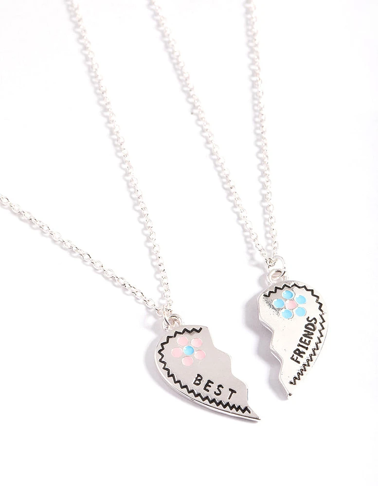 Silver Best Friend Flower Heart Necklace Pack