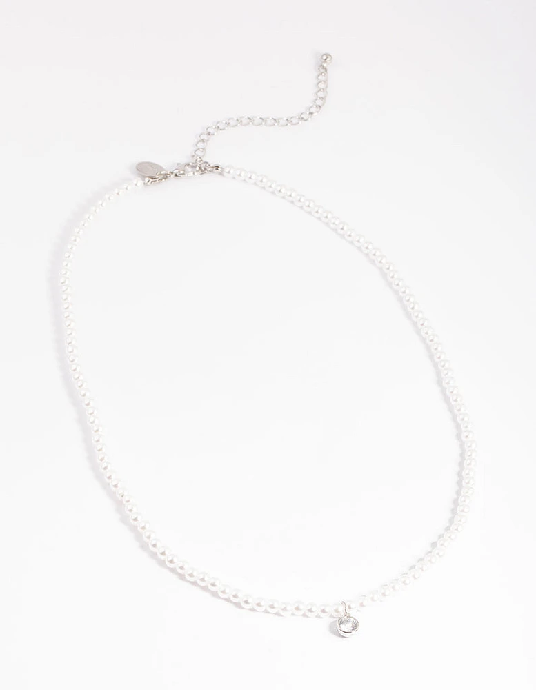 Rhodium Classic Pearl & Diamante Necklace