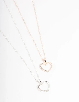 Mixed Metal Open Heart Diamante Necklace Pack