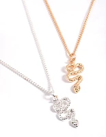Mixed Metal Diamante Wiggle Snake Necklace Pack