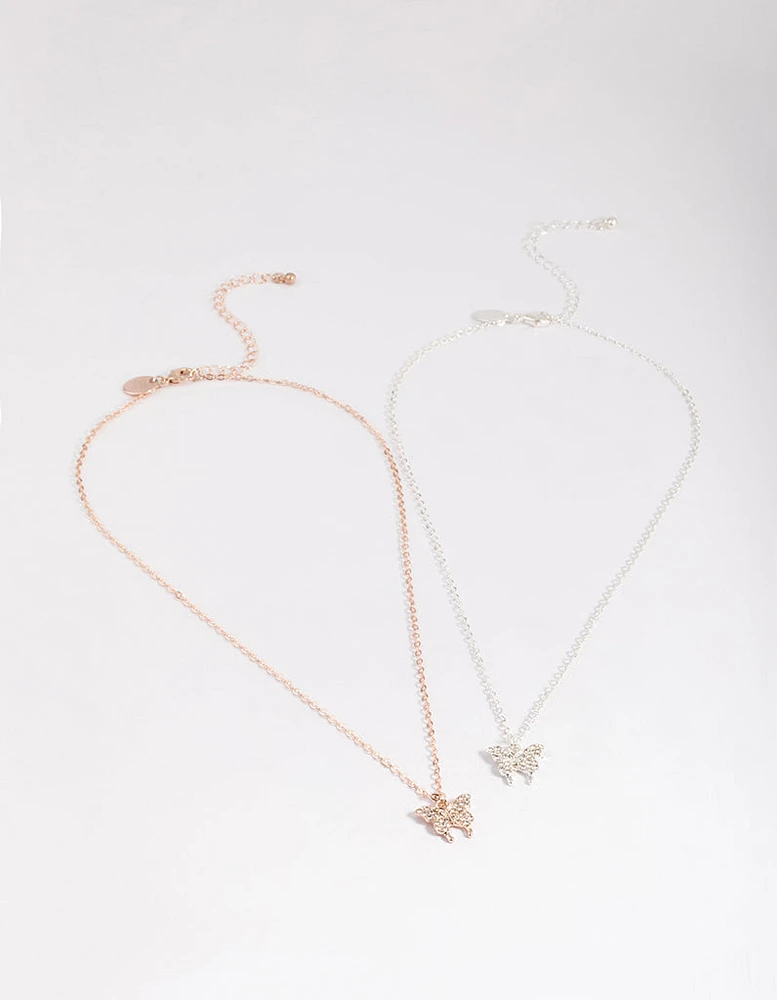 Mixed Metal Diamante Butterfly Necklace Pack