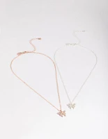 Mixed Metal Diamante Butterfly Necklace Pack