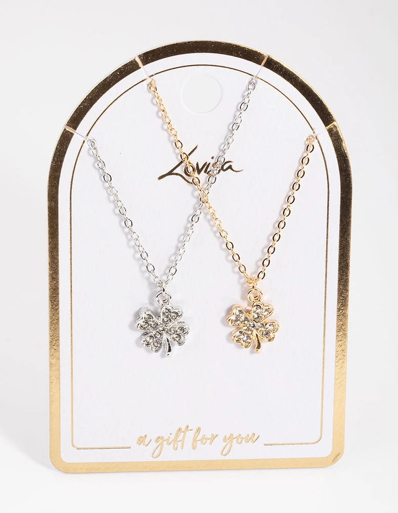 Mixed Metal Diamante Clover Necklace Pack