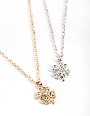 Mixed Metal Diamante Clover Necklace Pack