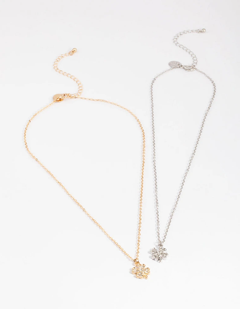 Mixed Metal Diamante Clover Necklace Pack