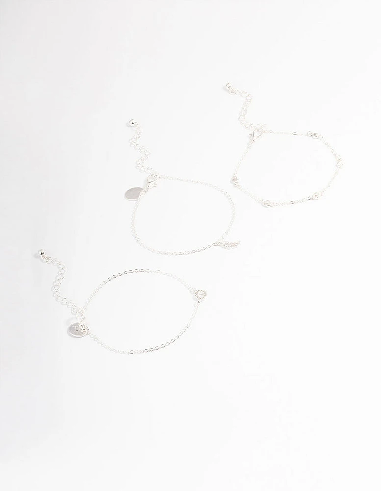 Silver Dainty Circle & Wing Bracelet Pack