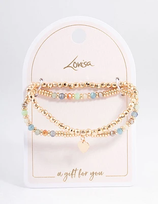 Gold Mixed Bead Heart Stretch Bracelet Pack