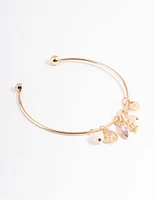 Gold Mixed Charm Open Cuff Bangle