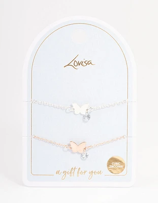 Mixed Metal Cubic Zirconia Butterfly Bracelet Pack