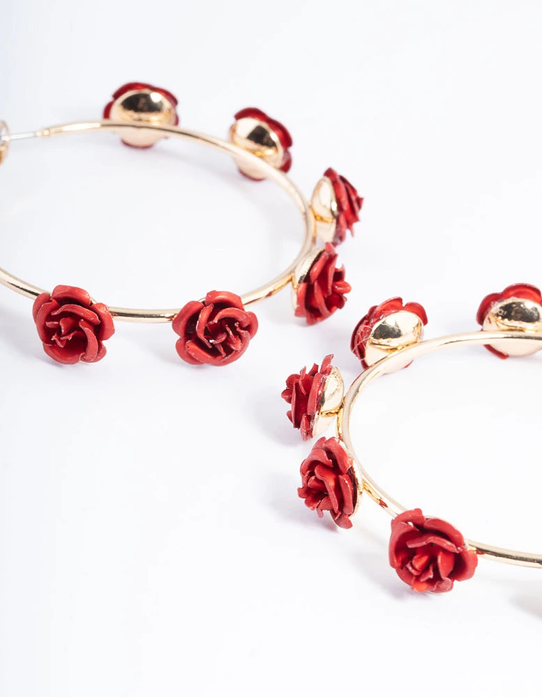 Red Multi Rose Hoop Earrings