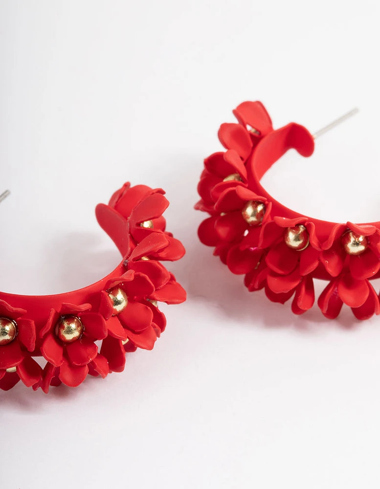 Red Cluster Flower Hoop Earrings