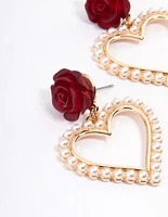 Red Rose Drop Pearly Heart Earrings