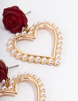 Red Rose Drop Pearly Heart Earrings