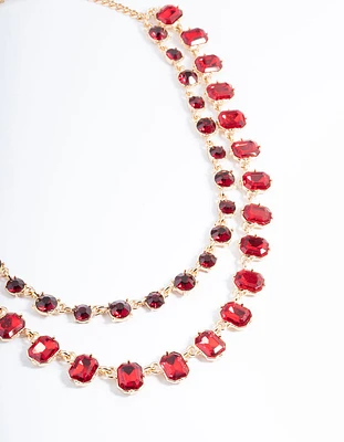 Red Double Row Stone Statement Necklace