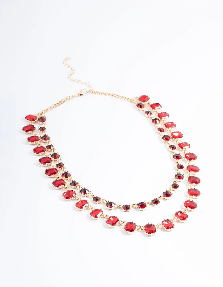 Red Double Row Stone Statement Necklace