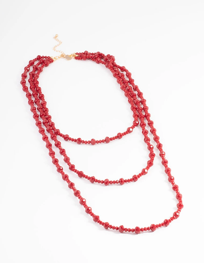 Red Three Row Bead & Facet Necklace