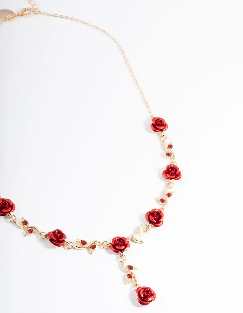 Gold Red Diamante Rose Y-Necklace