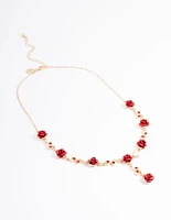 Gold Red Diamante Rose Y-Necklace