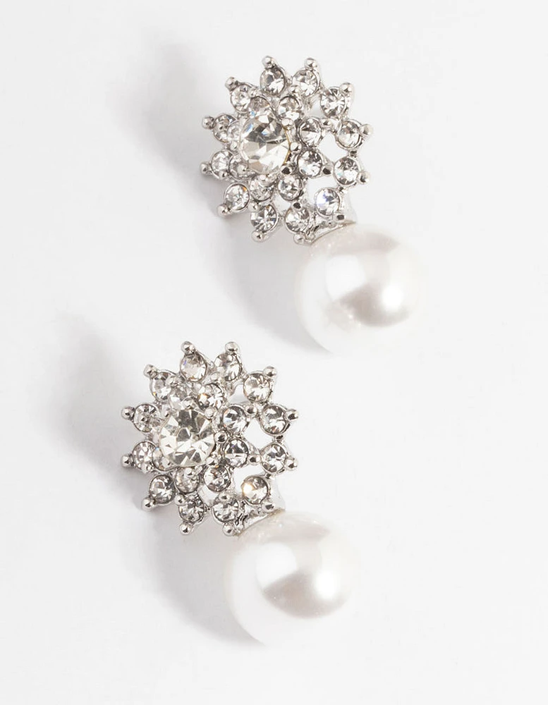 Silver Diamante Swirl Pearl Stud Earrings