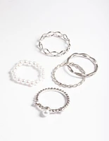 Silver Pearl & Twist Ring 5-Pack