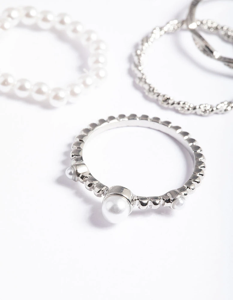 Silver Pearl & Twist Ring 5-Pack