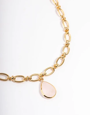 Gold Plated Rose Quartz Oval Link Chain Necklace