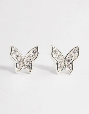 Sterling Silver Cubic Zirconia Pave Butterfly Stud Earrings