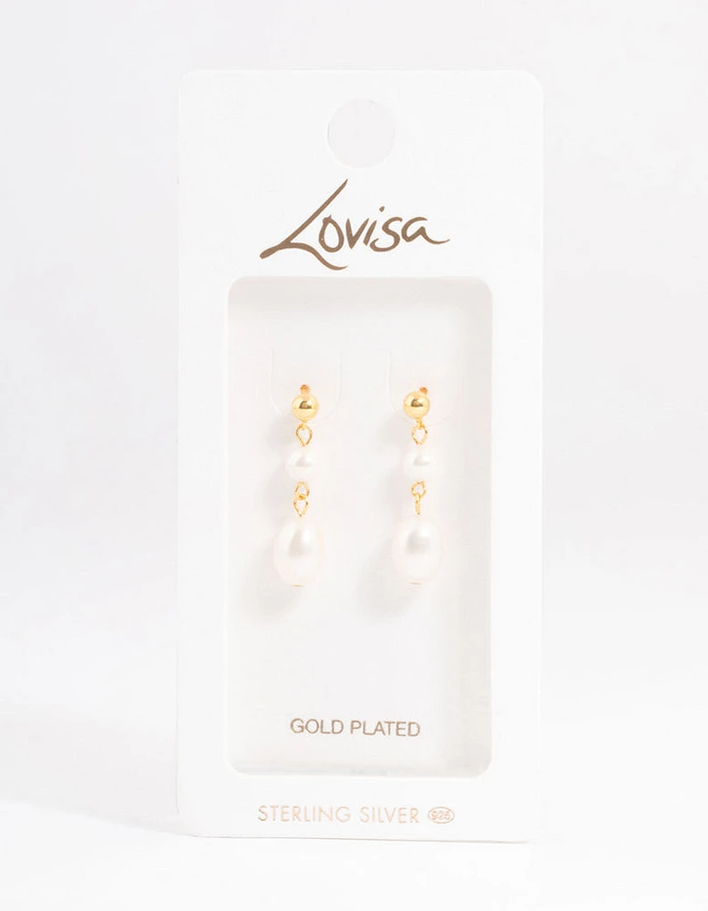 Gold Plated Sterling Silver Double Faux Pearl Drop Earrings