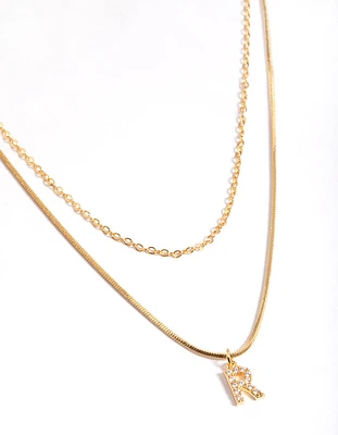 Letter R Gold Plated Layered Diamante Initial Necklace