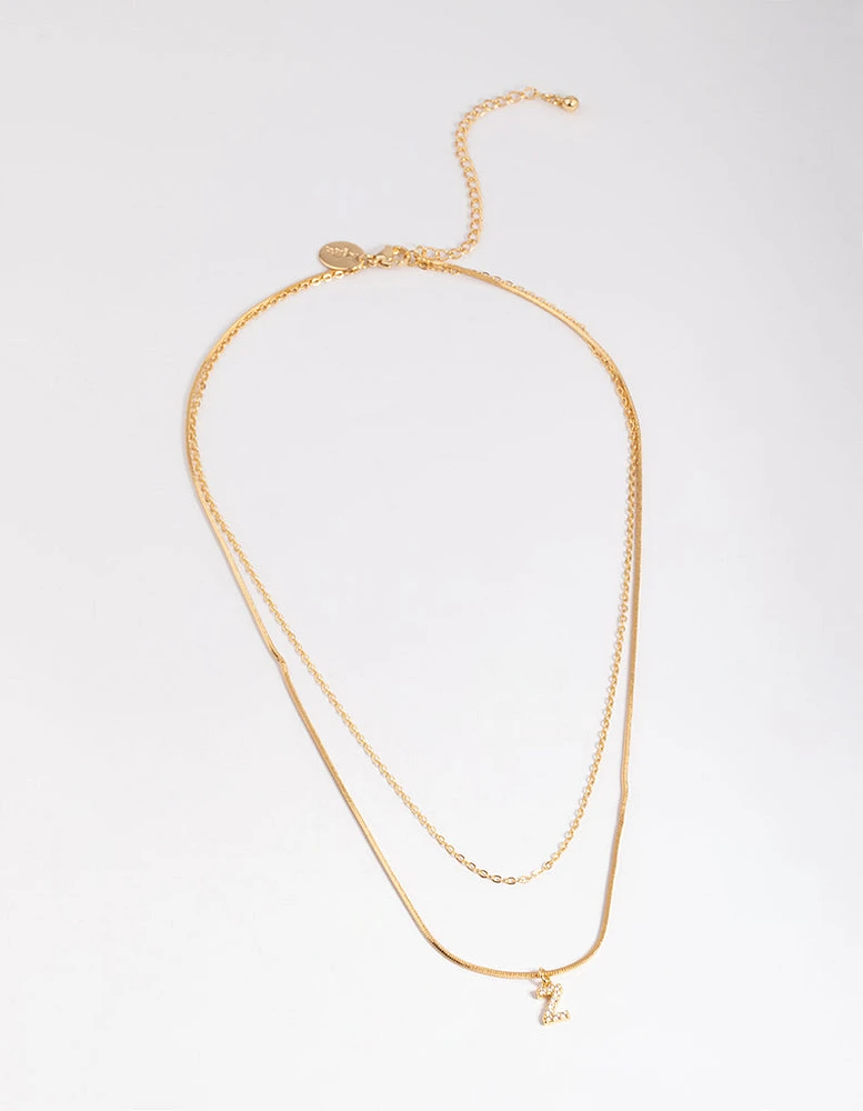 Letter Z Gold Plated Layered Diamante Initial Necklace