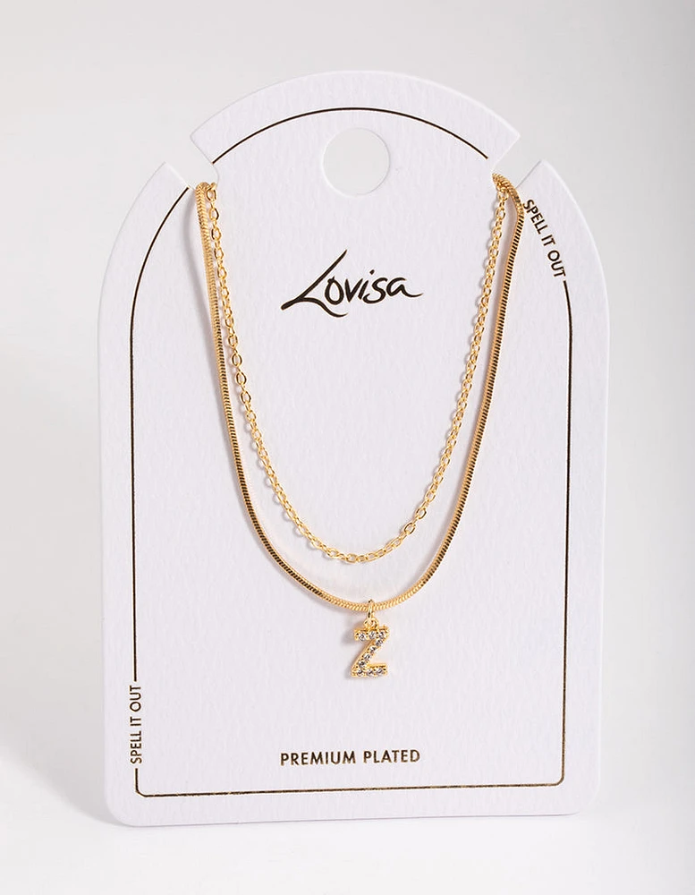 Letter Z Gold Plated Layered Diamante Initial Necklace