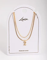 Letter Z Gold Plated Layered Diamante Initial Necklace