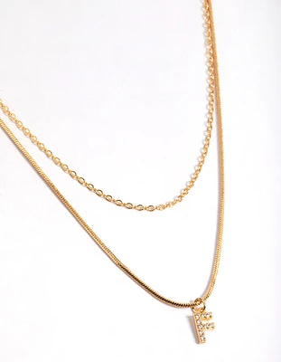 Letter F Gold Plated Layered Diamante Initial Necklace