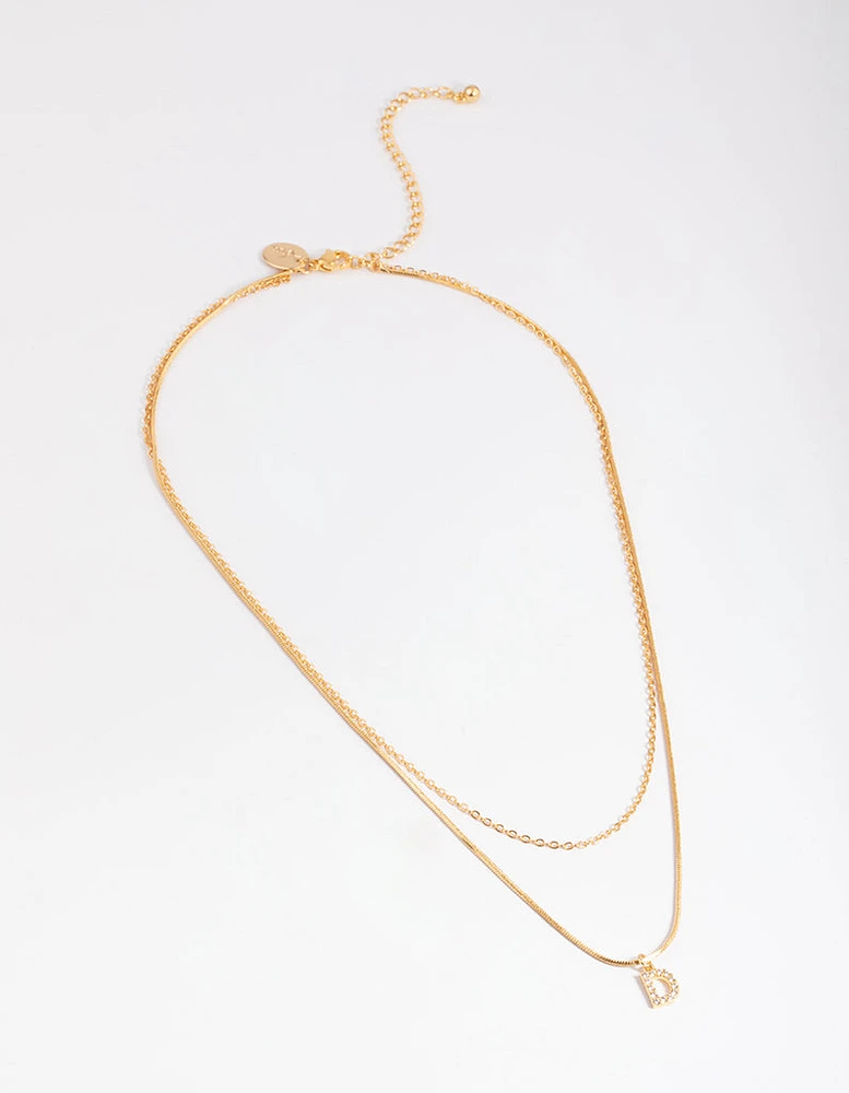 Letter D Gold Plated Layered Diamante Initial Necklace