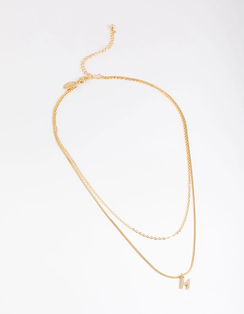 Letter H Gold Plated Layered Diamante Initial Necklace