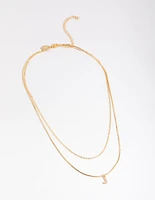 Letter J Gold Plated Layered Diamante Initial Necklace