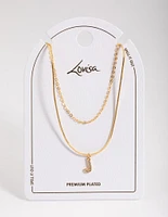 Letter J Gold Plated Layered Diamante Initial Necklace